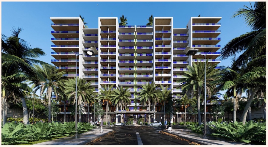 a tall building with trees out front