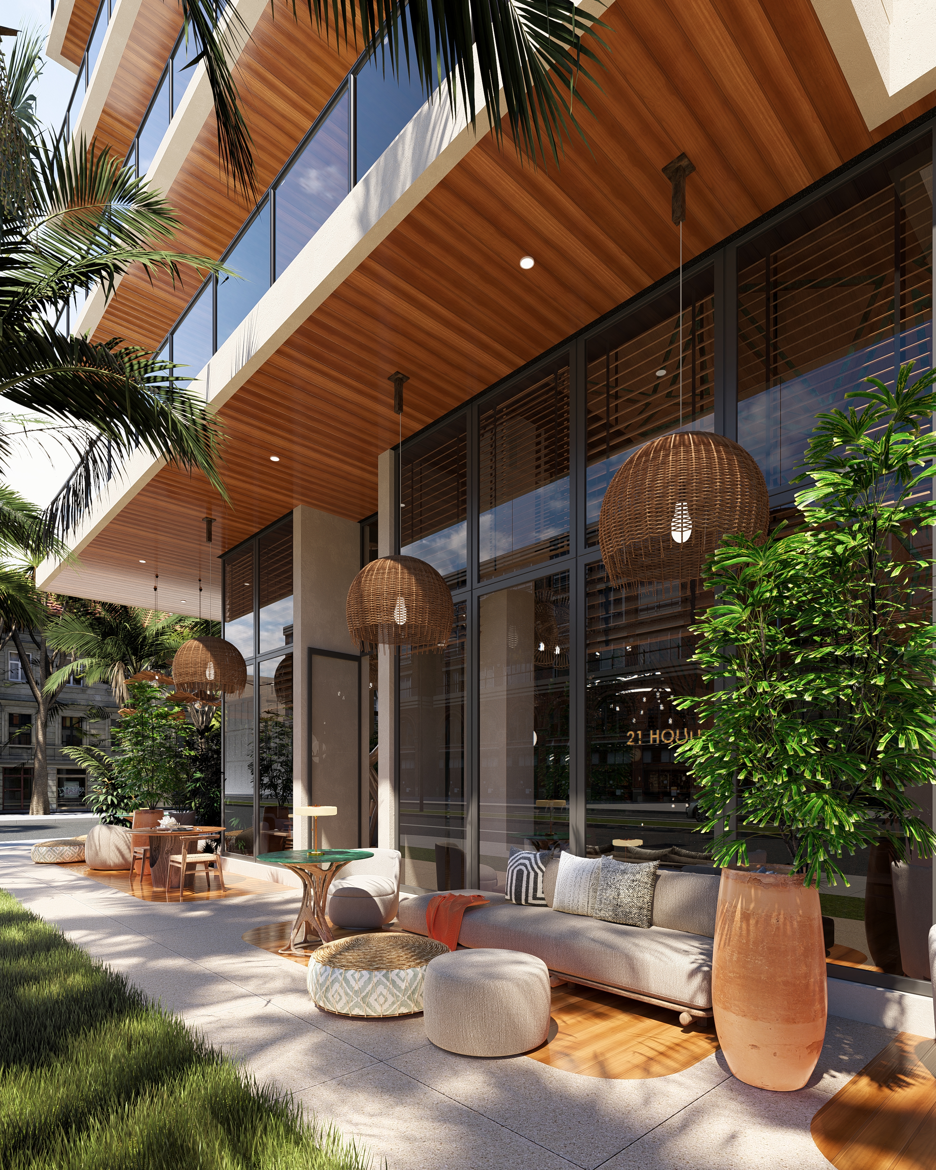 outside lounge with lush landscaping outside