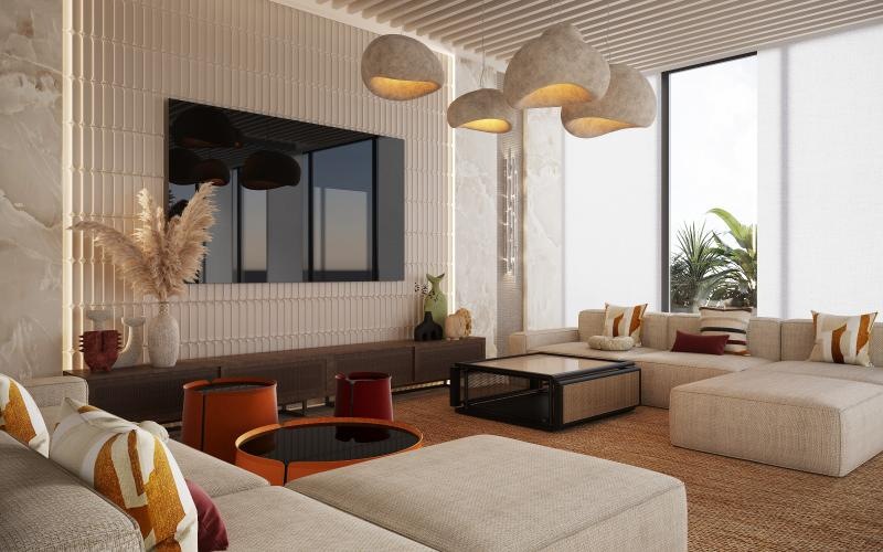 a living room with a fireplace