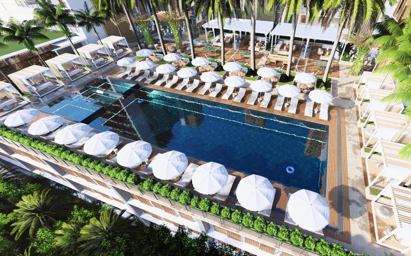 a pool with umbrellas and chairs around it