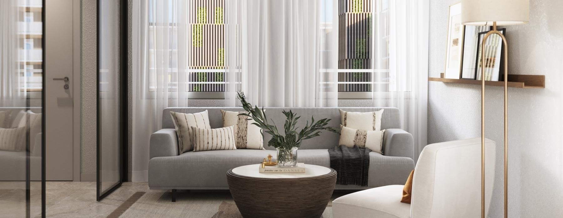 a living room with a glass door